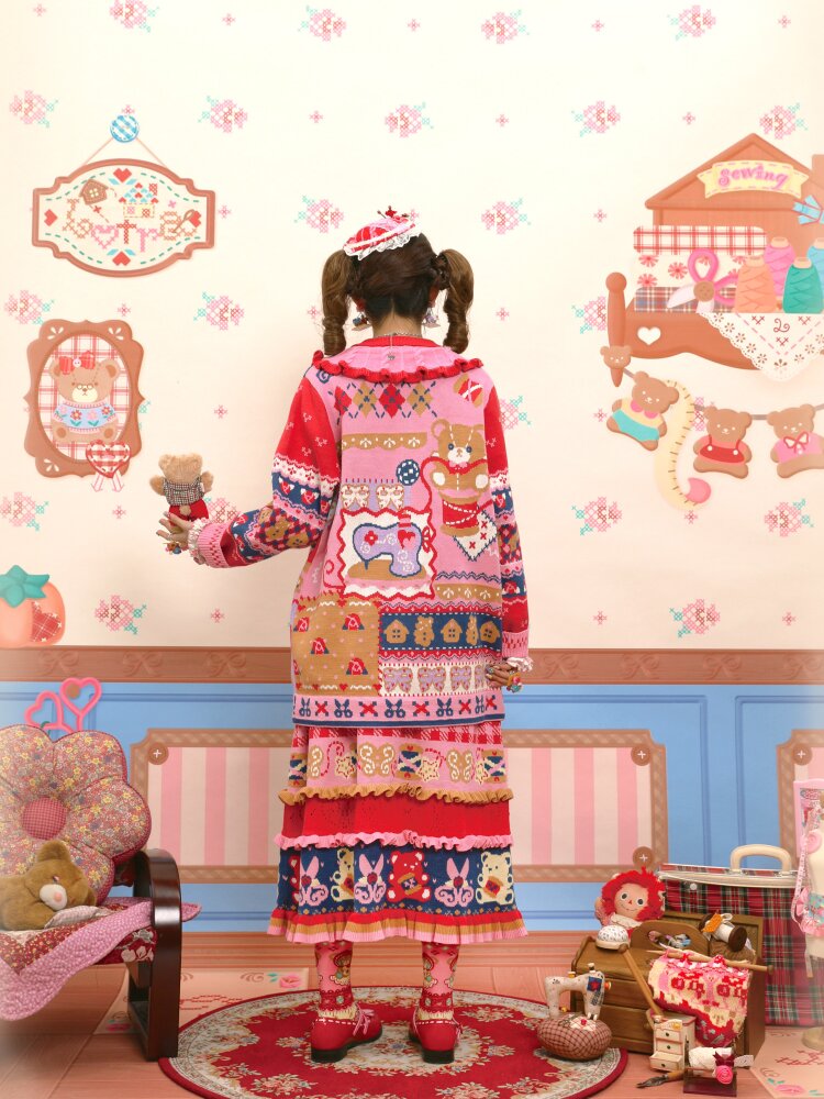 Red Navy Blue Jacquard Cardigan【s0000015570】