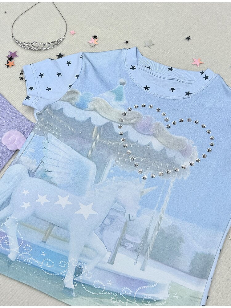 Rhinestone Unicorn Stitching Tee【s0000017132】