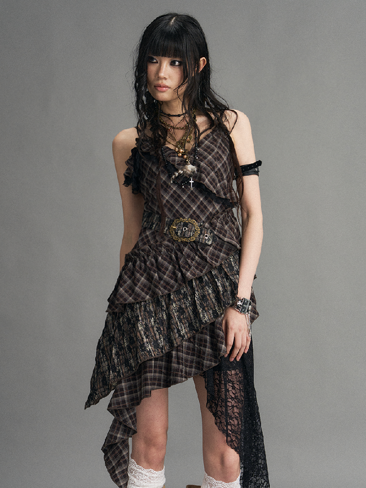 Vintage Patchwork Lace Plaid Dress【s0000017532】