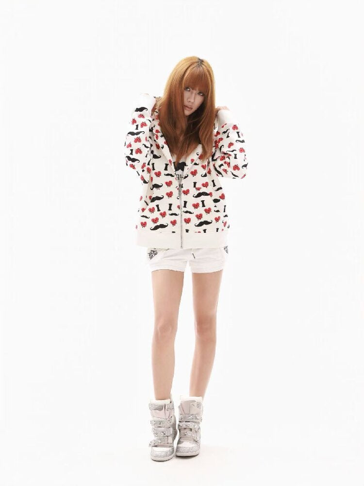 Heart Print Wide Zip Hoodie Jacket【s0000018354】