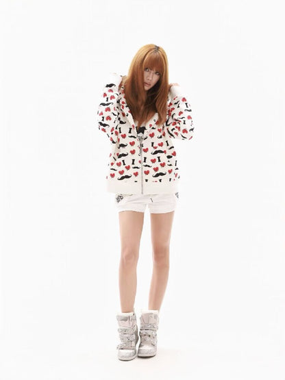 Heart Print Wide Zip Hoodie Jacket【s0000018354】