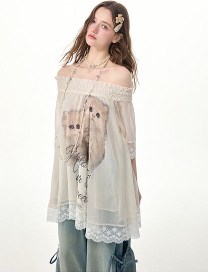 Lace Patchwork Cat Print T-Shirt【s0000017303】