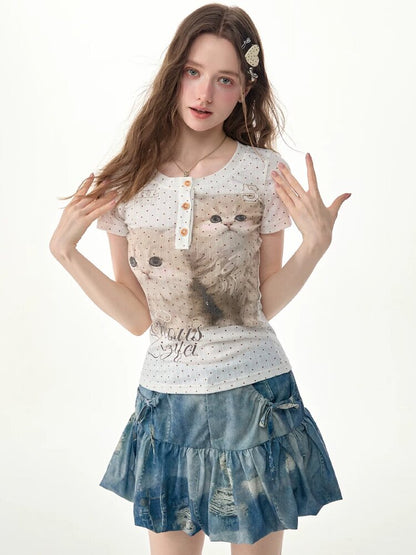 Cat Print Bodysuit Henry T Shirt【s0000017307】