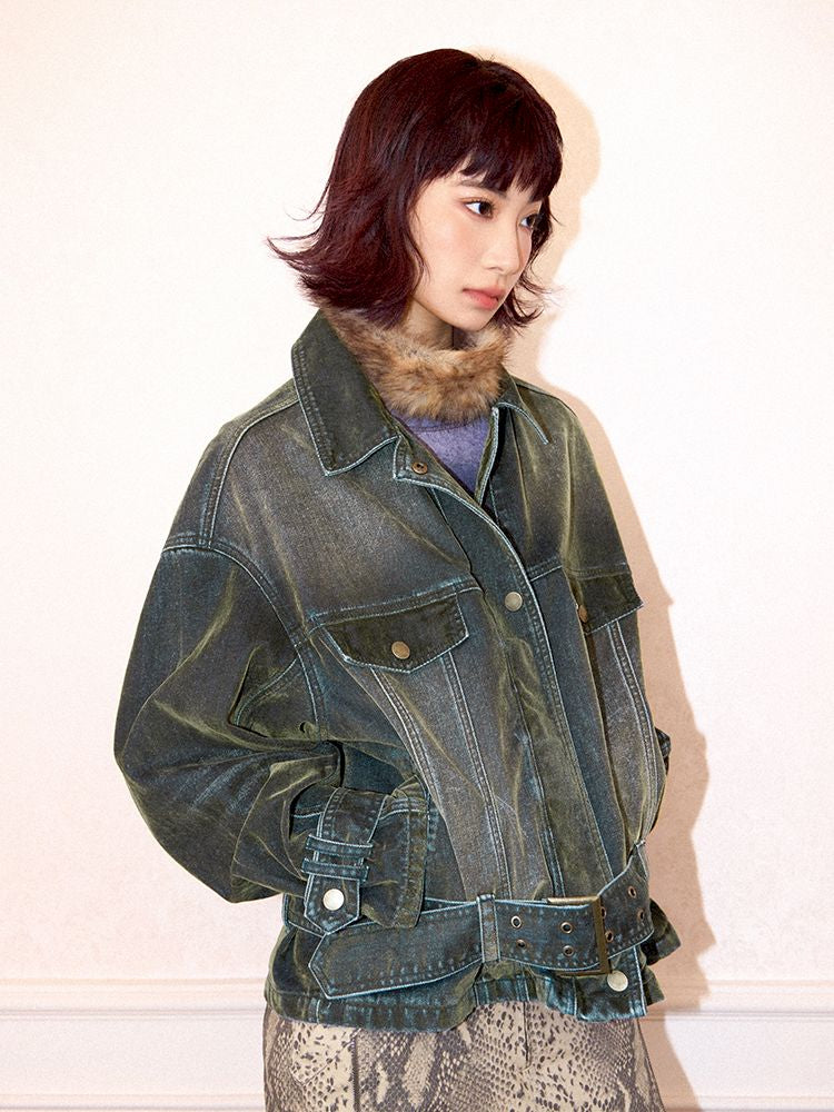 Loose Green Flocked Denim Jacket【s0000011638】