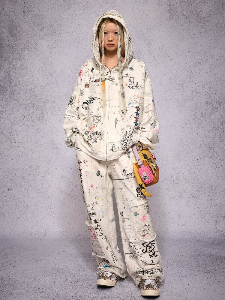 Torn Manuscript Print Sweatshirt Jacket【s0000018735】