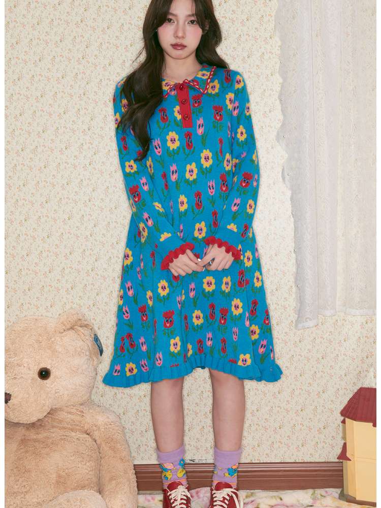Cartoon Floral Knit Dress【s0000014505】
