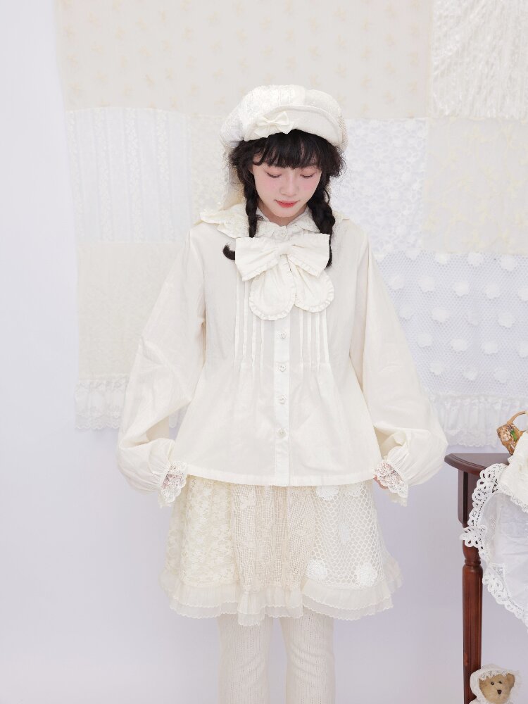 Lace Detachable Bow Pleated Shirt【s0000016501】