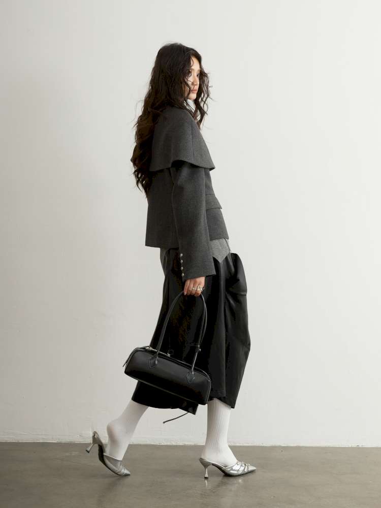 Removable Cape Gray Tweed Coat【s0000015192】