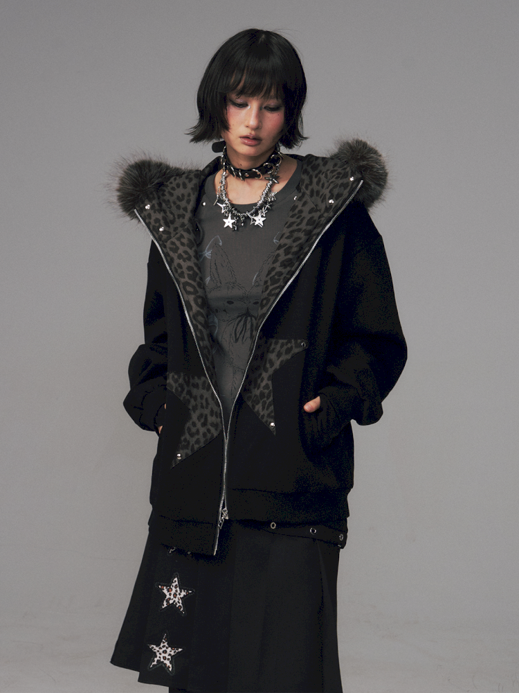 Cat Ears Leopard Print Fleece Hooded Jacket【s0000014708】