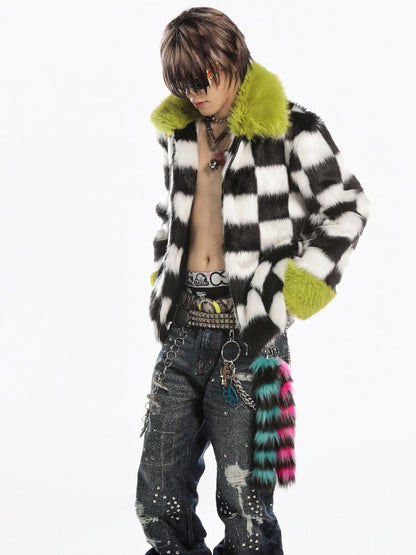 Checkerboard Patchwork Faux Coat【s0000019278】