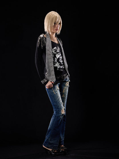 Elastic Cross Riveted Flared Jeans【s0000018512】