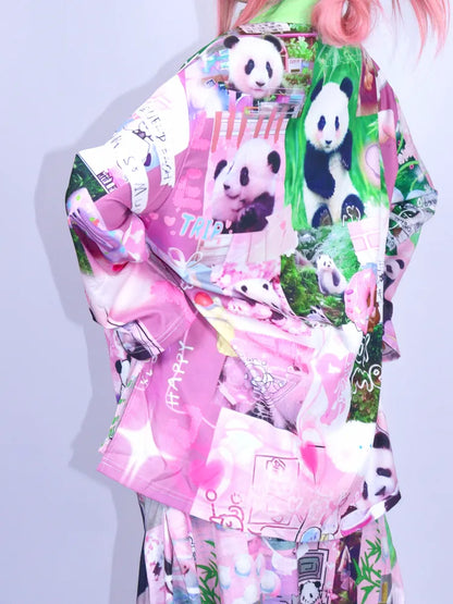 Panda Collage Print Stand Collar Long-Sleeve Top【s0000013981】