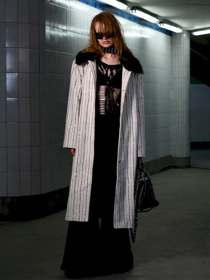 Thorn Stripe Panel Fur Collar Coat【s0000014642】