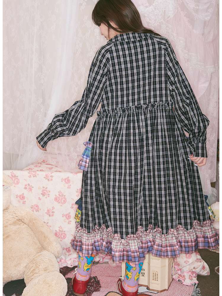 Colorful Lace Plaid Patchwork Black Dress【s0000014823】