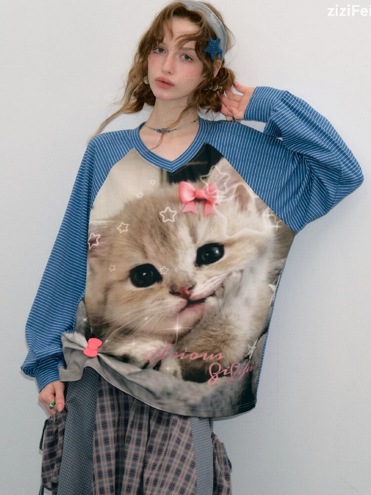 Striped Cat Print Sweatshirt Top【s0000017881】