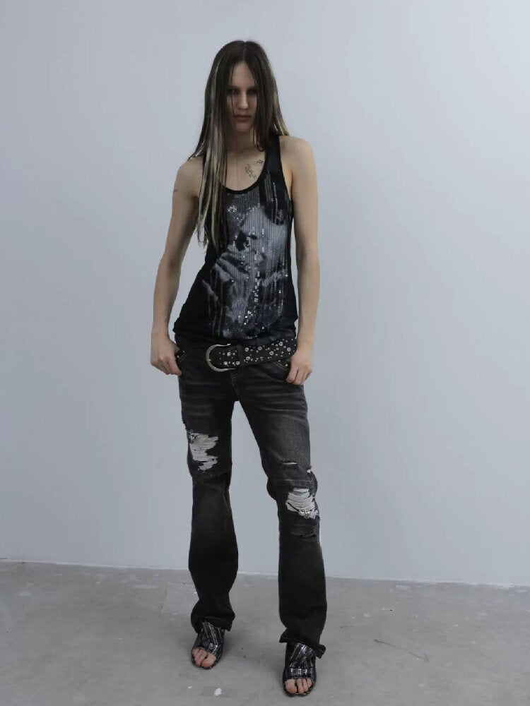 Low Waisted Black Ripped Jeans【s0000016564】