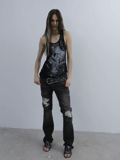 Low Waisted Black Ripped Jeans【s0000016564】