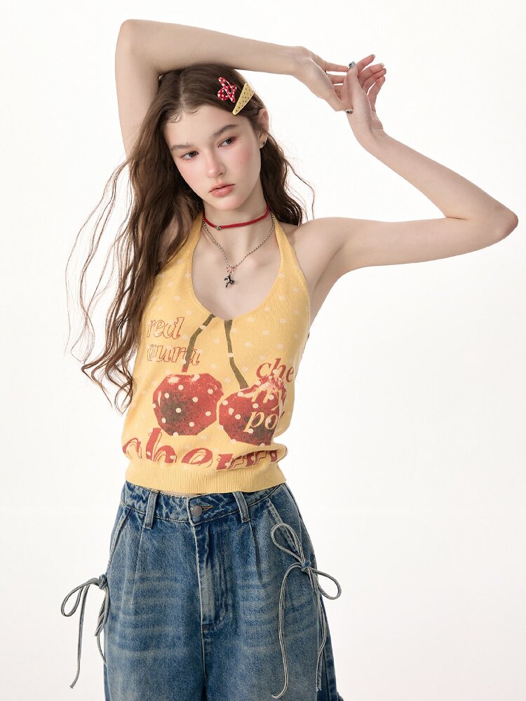 Wave Cherry Print Cropped Top Tank【s0000017304】