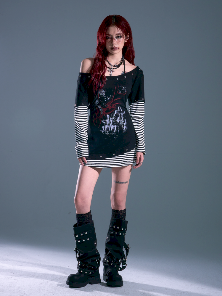 Slash Neck Slim Waisted Dresses t-shirt【s0000013694】