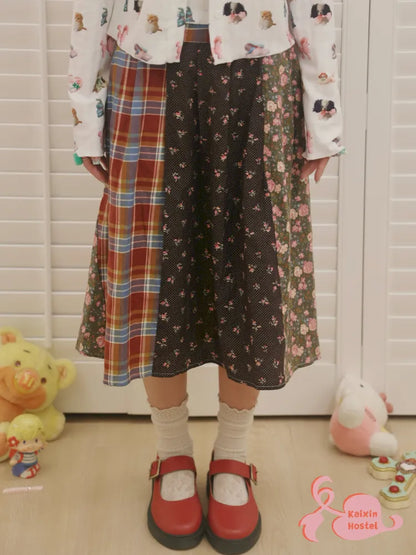 Plaid Floral Patchwork Pleated Skirt 【s0000013972】
