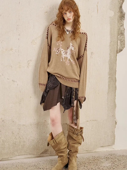 Off-the-shoulder poncho print knit sweater【s0000014063】
