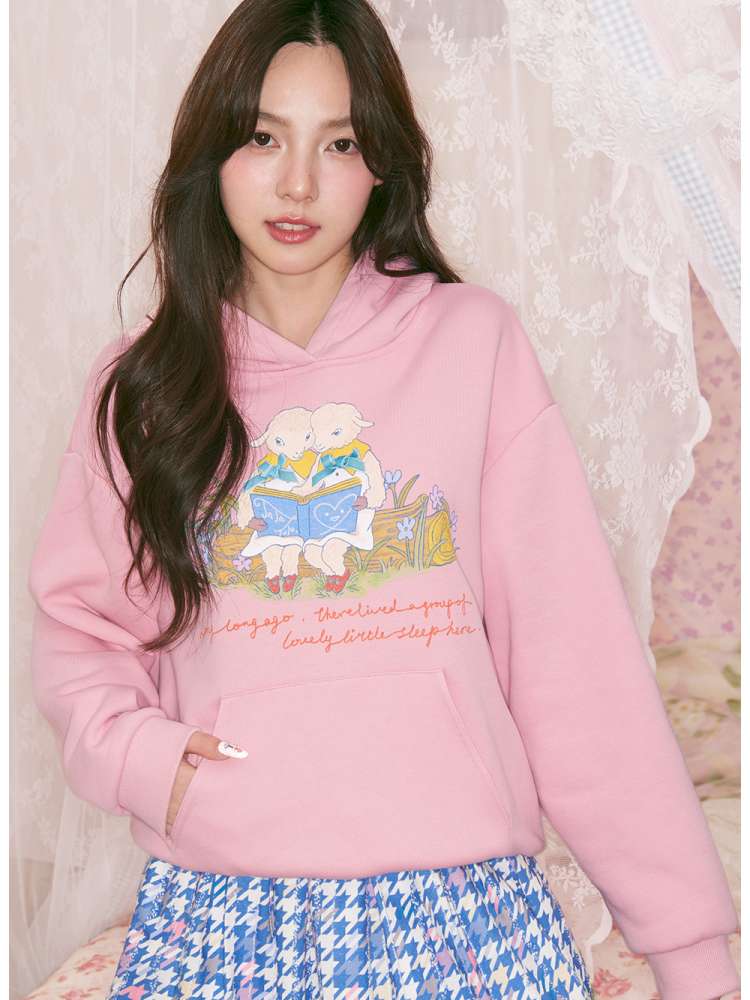 Pink Lamb Illustration Print Hooded Sweatshirt【s0000014820】