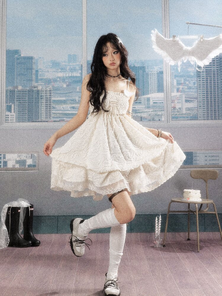 Shirred Lace White Texture Dress【s0000016278】