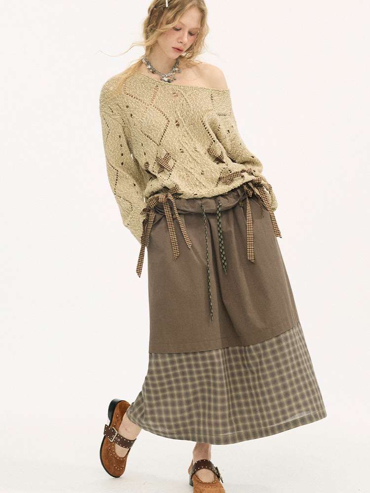 Turn-up Plaid Patchwork Skirt【s0000015408】