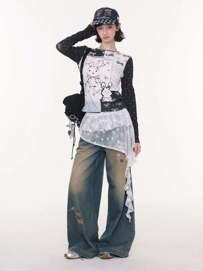 Cat Printed Straight Wide Jeans【s0000015431】