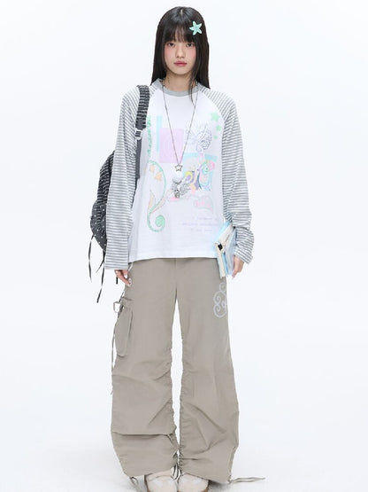Loose Print Striped Raglan Top【s0000016378】