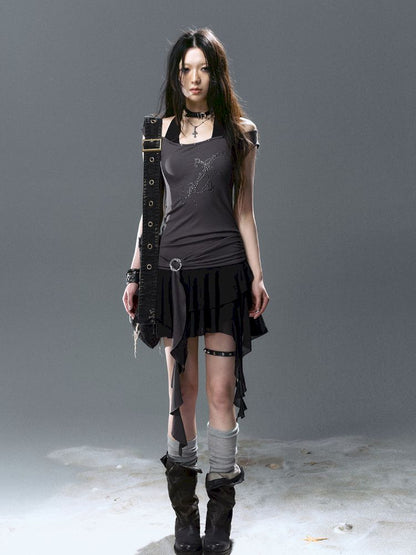 Chiffon ruffle patchwork off-the-shoulder dress【s0000012801】