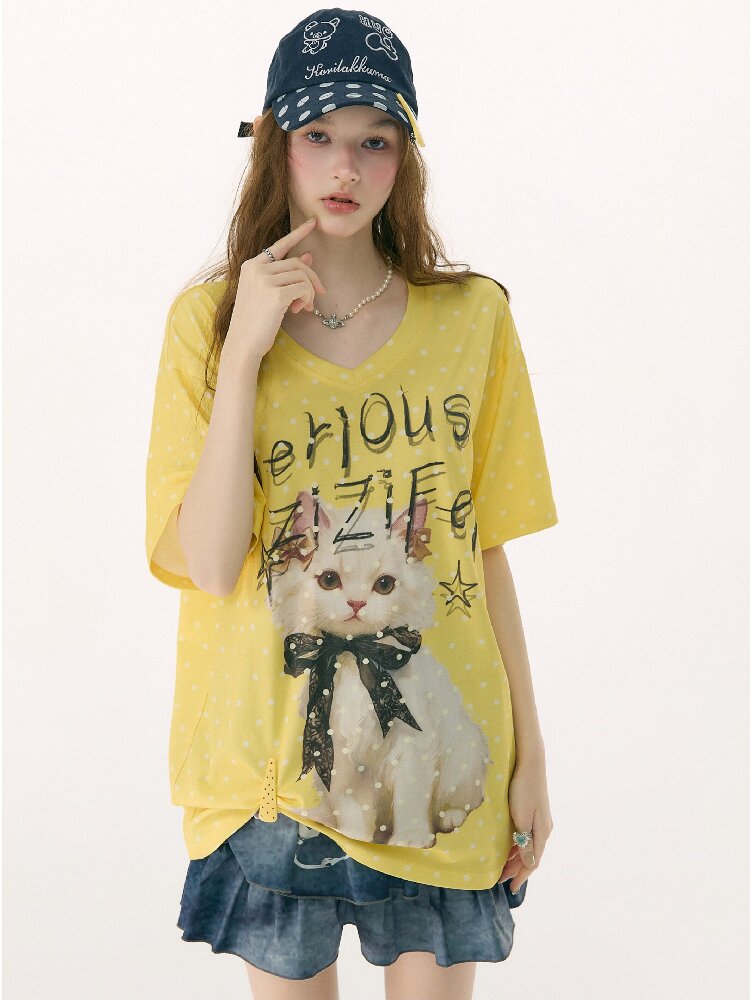 Loose Polka Dot Cat Print T-Shirt【s0000016857】