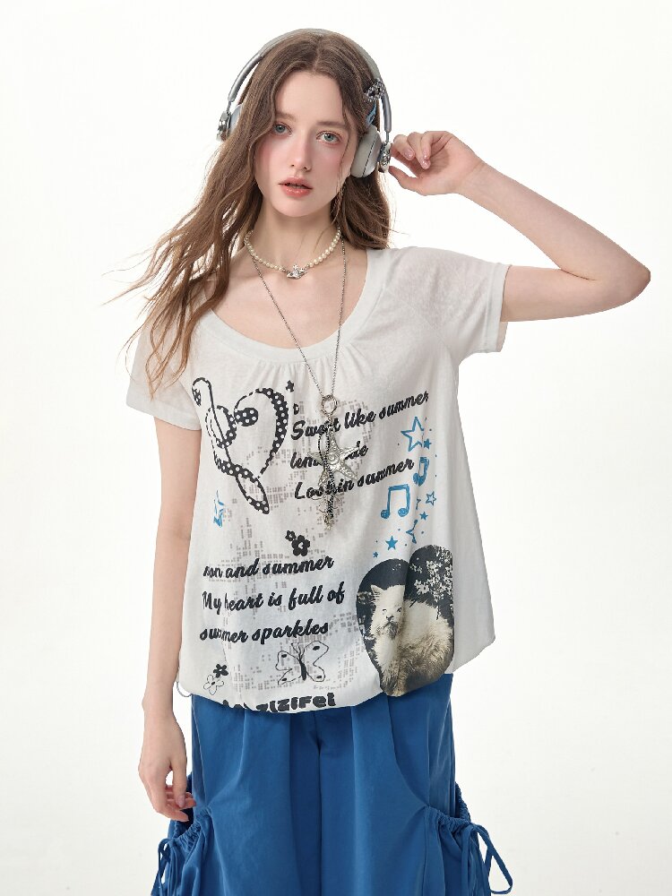 Summer Cat Print Short Sleeve T Shirt【s0000017255】