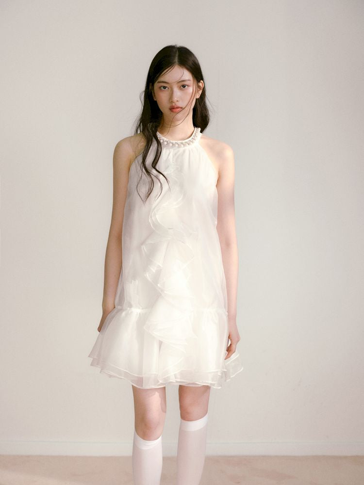 Bow Pearl Neckline Pom Pom Dress【s0000013243】