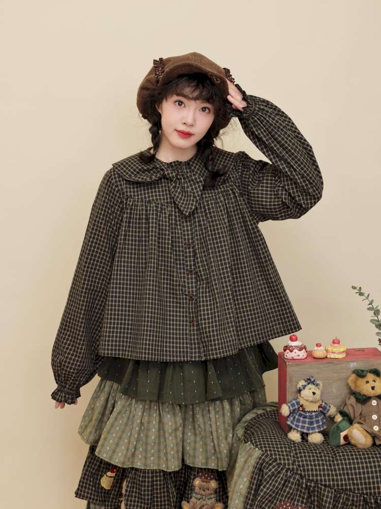 Vintage Girly Dark Green Plaid Shirt【s0000014842】