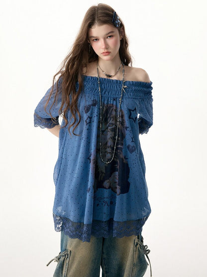 Lace Patchwork Dot Cat Print T-Shirt【s0000017306】