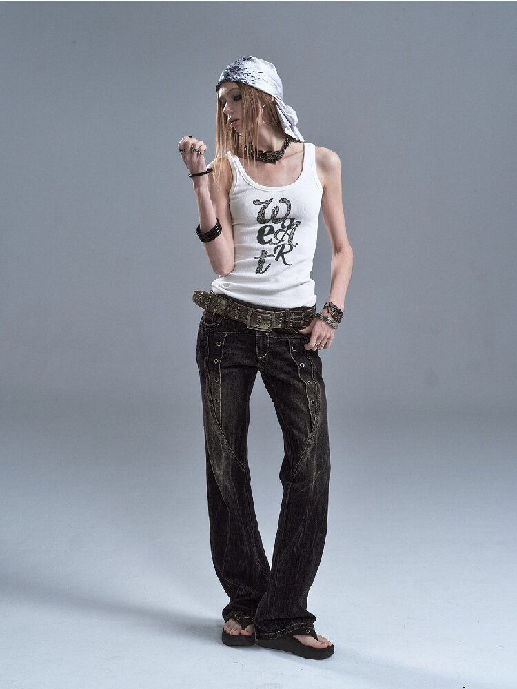 Lightning Rivet Black Denim Pants【s0000016634】