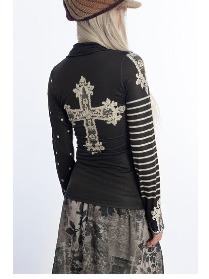 Lace Cross Striped Top Shirt【s0000018053】