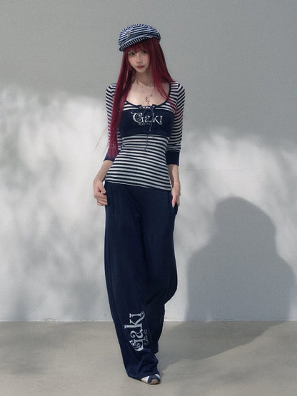Navy Blue Wool Patchwork Pants【s0000019258】