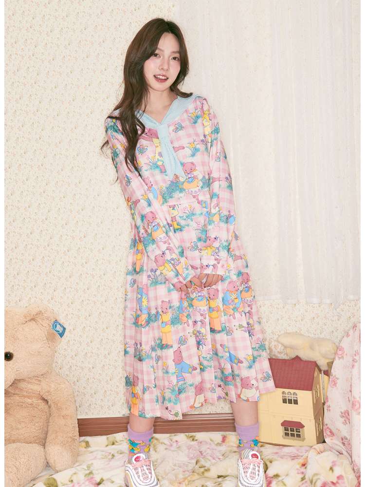 Pink Bear Illustration Print Dress【s0000014496】