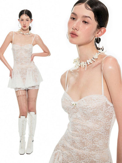 Lace Satin Double Layer Halter Dress【s0000009691】