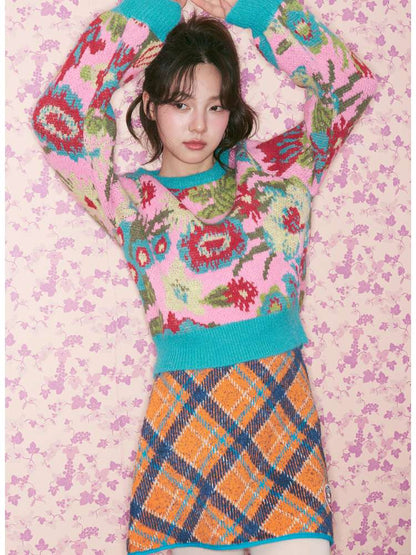 Pink Green Flower Knitted Sweater【s0000015370】
