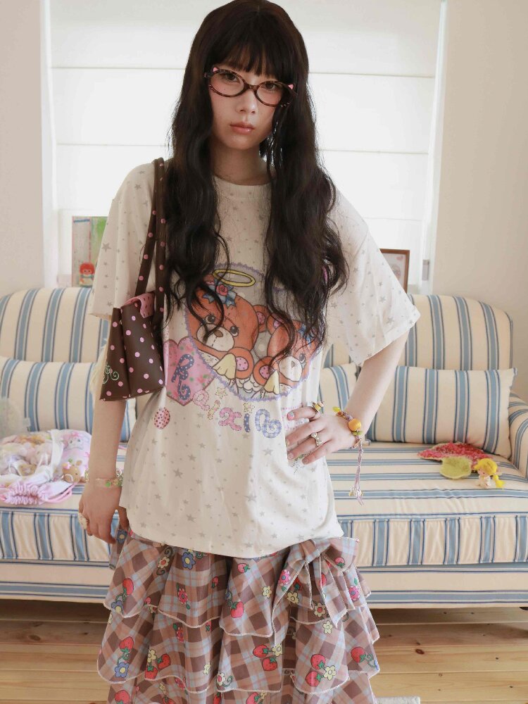 Bear Heart Print Star Loose T-Shirt【s0000017510】