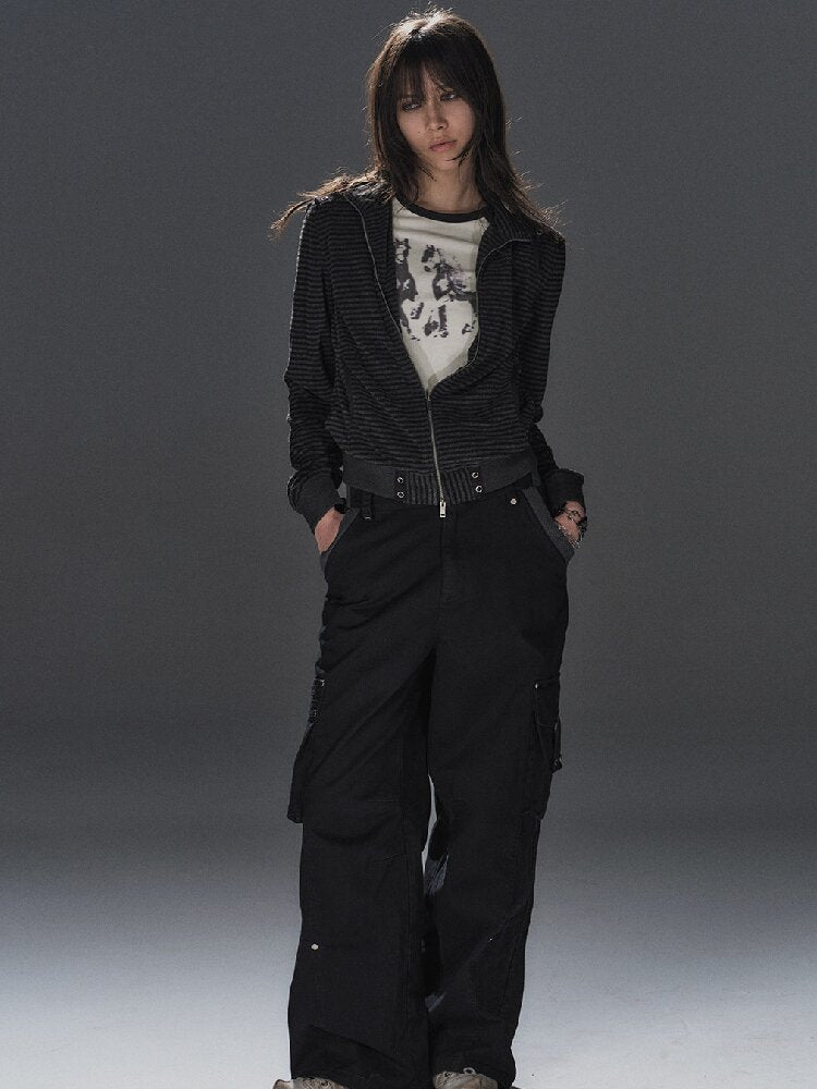 Ribbed Multi Pocket Black Trousers【s0000016230】