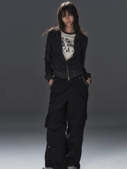 Ribbed Multi Pocket Black Trousers【s0000016230】