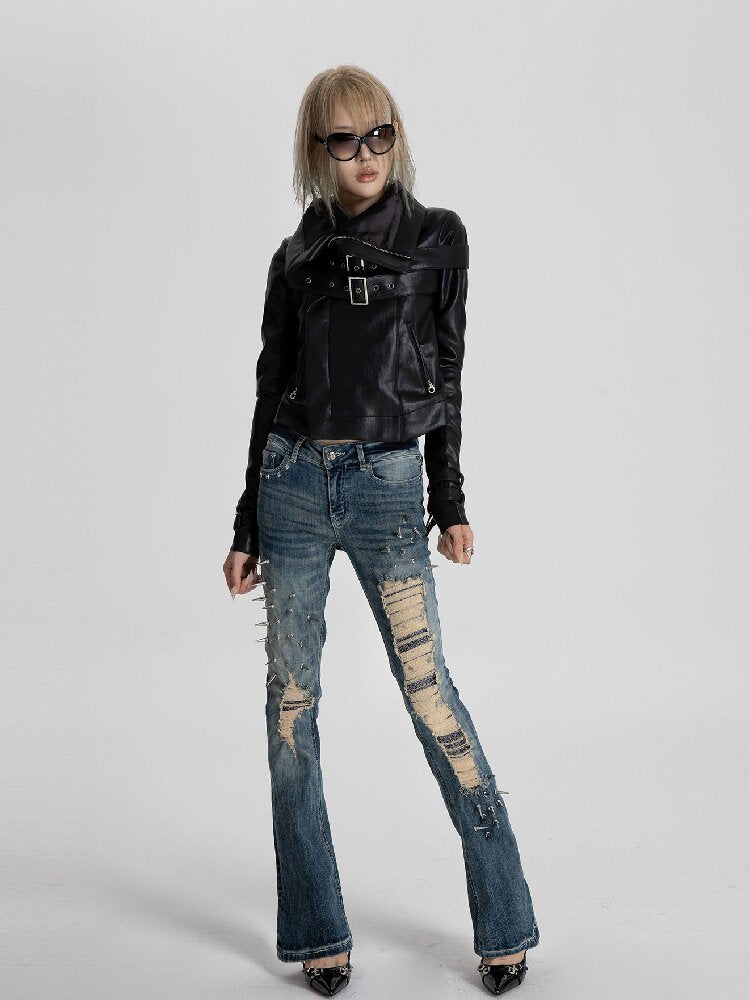 Spiked Snake Print Ripped Jeans【s0000018560】