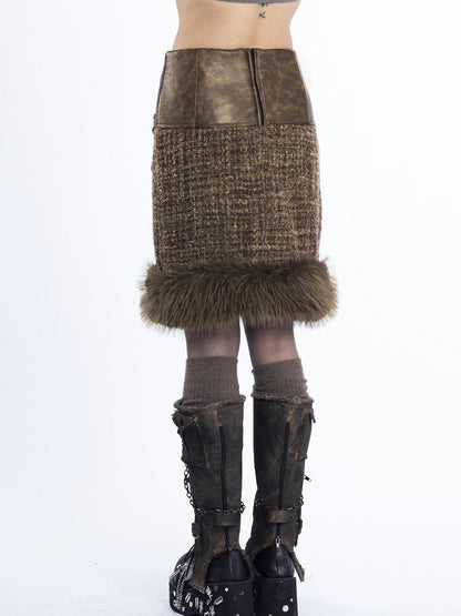 Patchwork PU Fur Rivet Skirt Set【s0000018047】