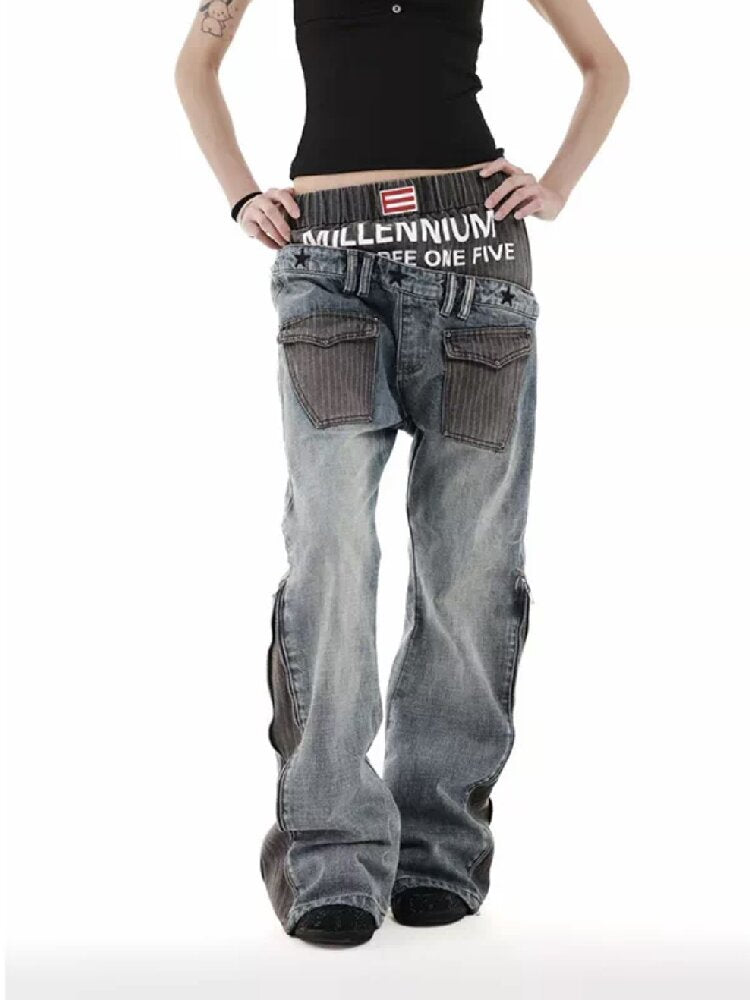 Double Waist Embroidered Baggy Jeans【s0000018246】