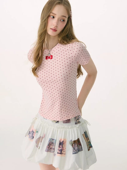 Polka Dot Bow Slim Short Sleeve T-Shirt【s0000016854】