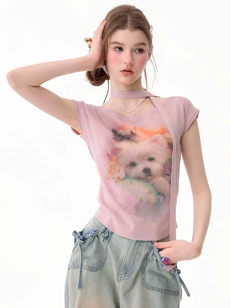 Puppy Print Slim Knitted Short T【s0000017671】